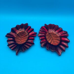 Set of 2 Y2K Partylite Amber/Ruby Leaf Candle Holders Retired Trinket Dish